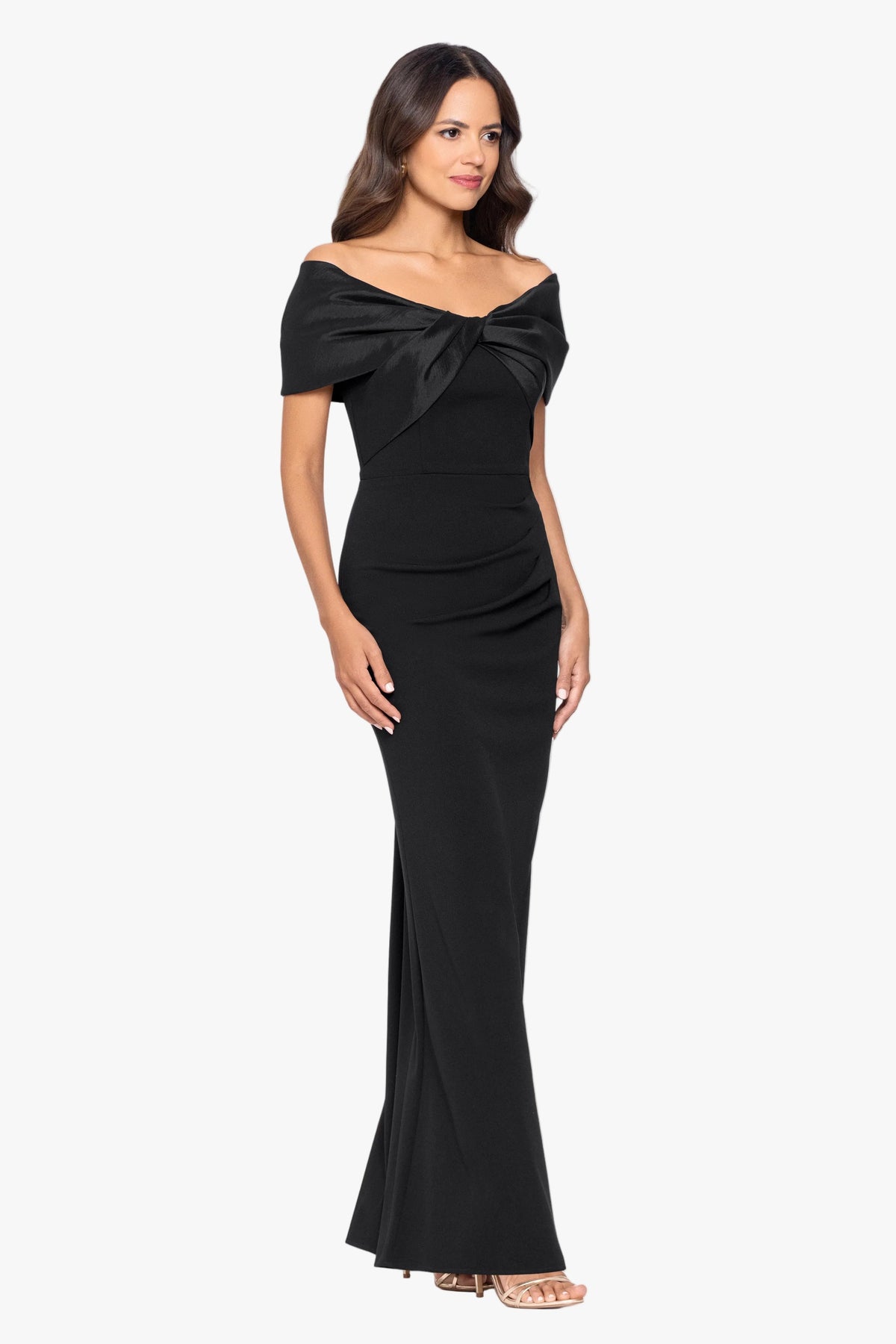 Betsy & Adam "Miranda" Scuba Crepe & Taffeta Off Shoulder Dress - Black