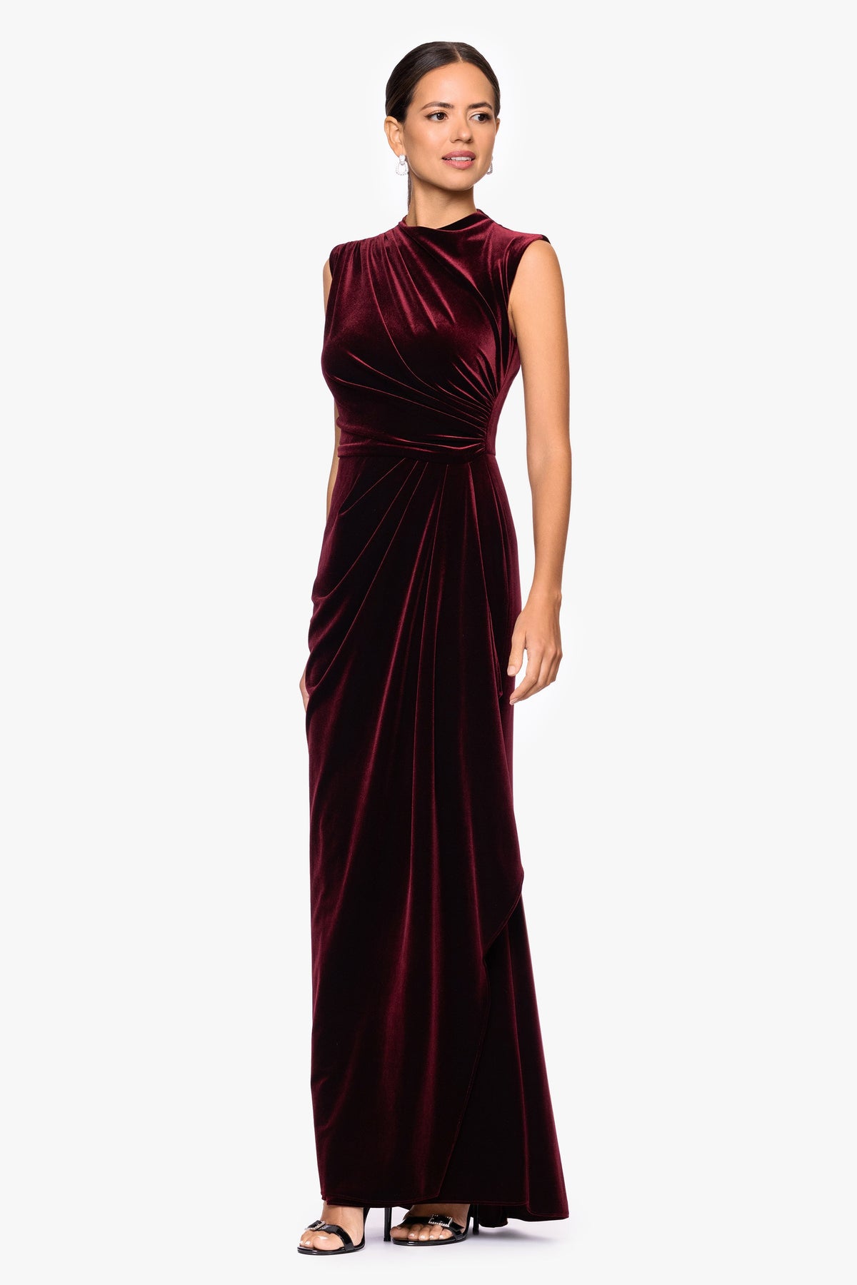 Betsy & Adam Petite "Cherie" Velvet Side Ruched Dress - Burgundy
