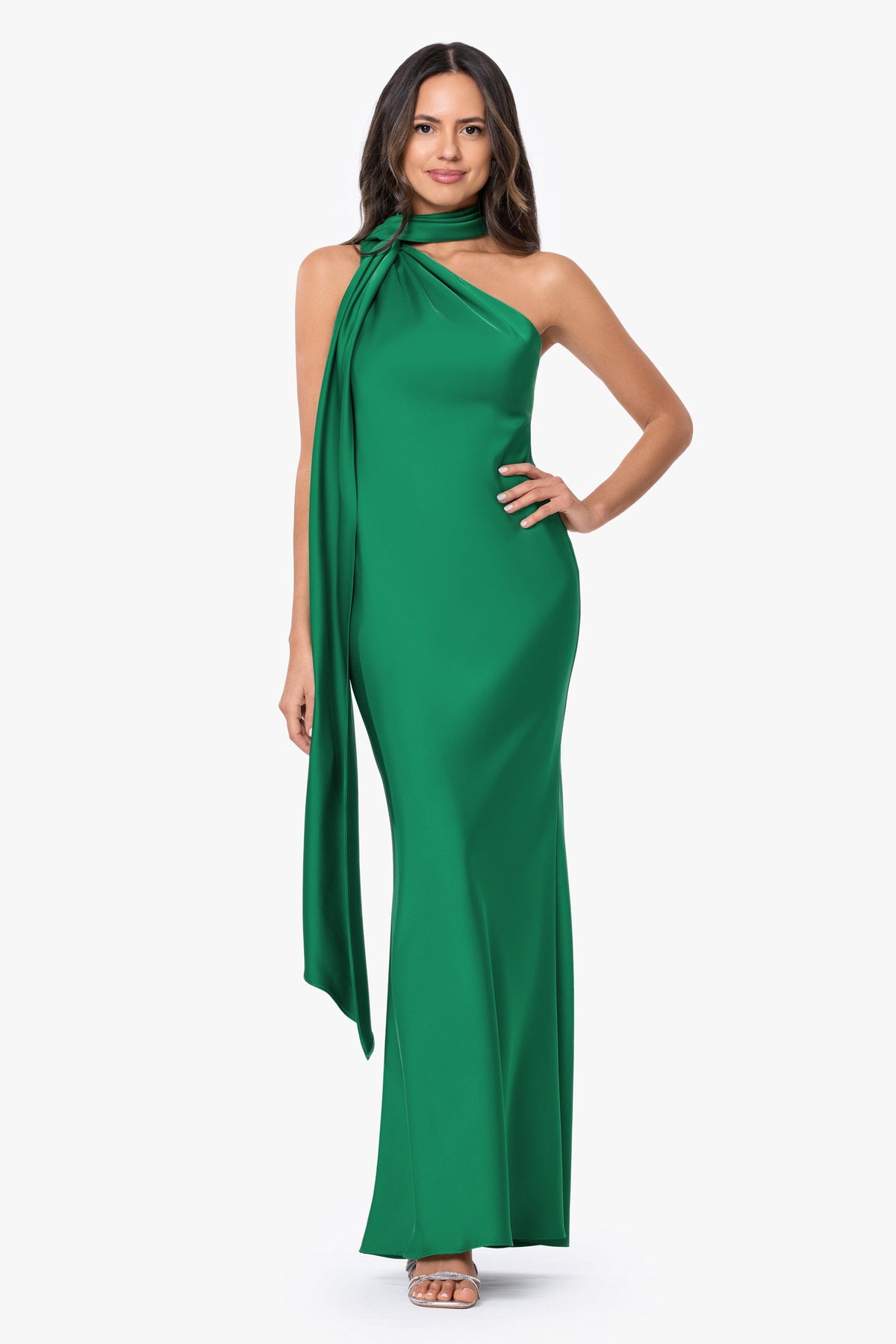 Betsy & Adam "Fallon" Satin Asymmetrical Necktie Sash Dress - Emerald