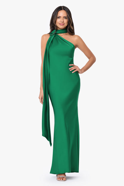 Betsy & Adam "Fallon" Satin Asymmetrical Necktie Sash Dress - Emerald