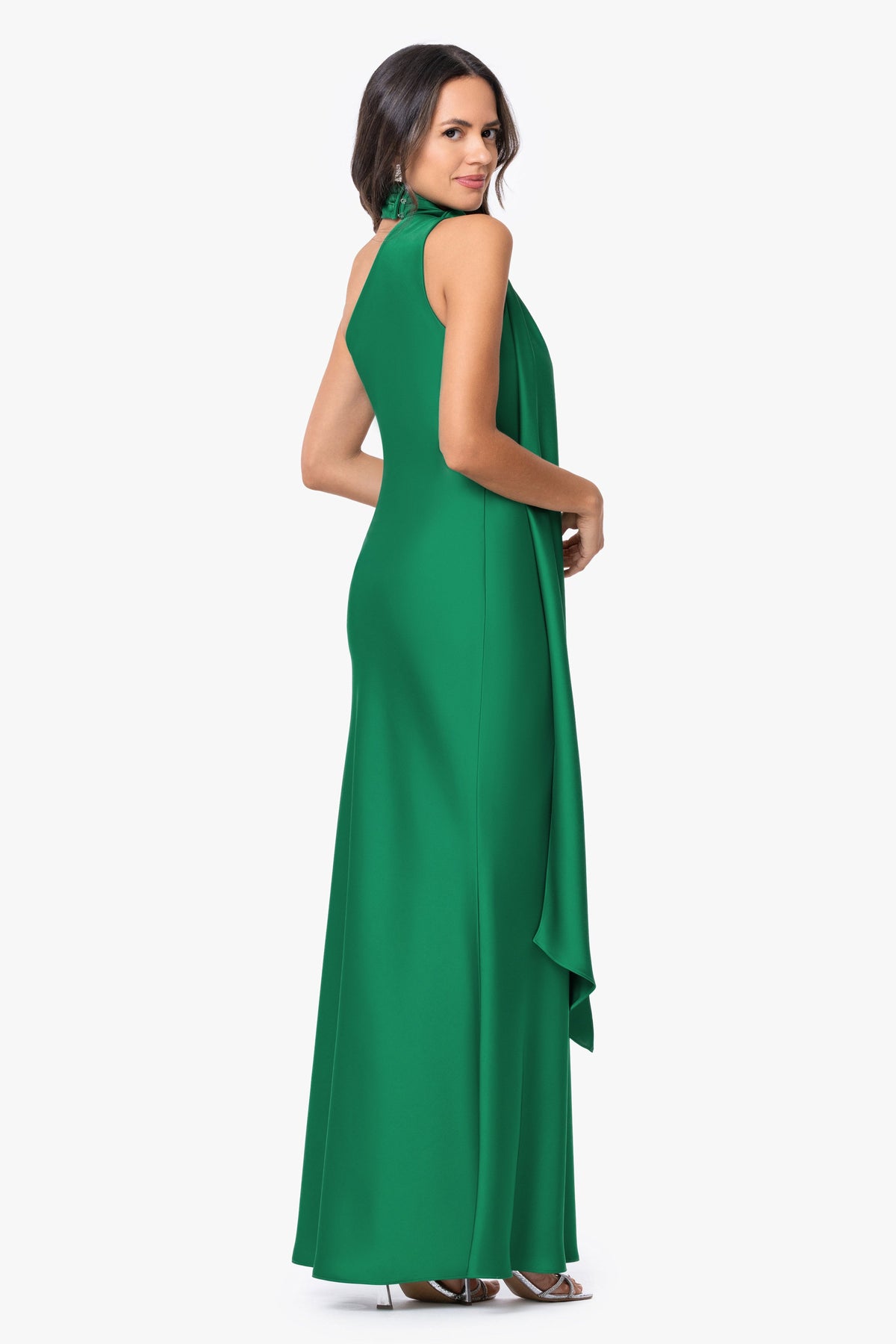 Betsy & Adam "Fallon" Satin Asymmetrical Necktie Sash Dress - Emerald