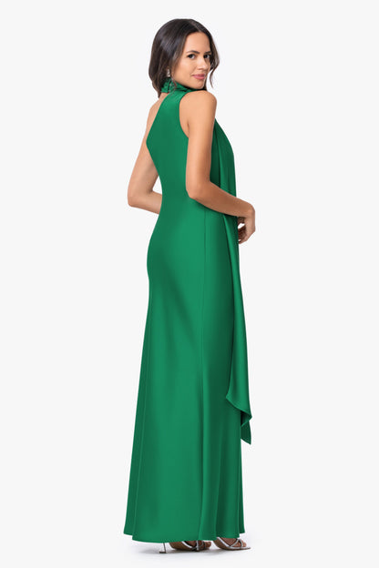 Betsy & Adam "Fallon" Satin Asymmetrical Necktie Sash Dress - Emerald