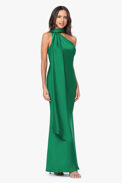 Betsy & Adam "Fallon" Satin Asymmetrical Necktie Sash Dress - Emerald