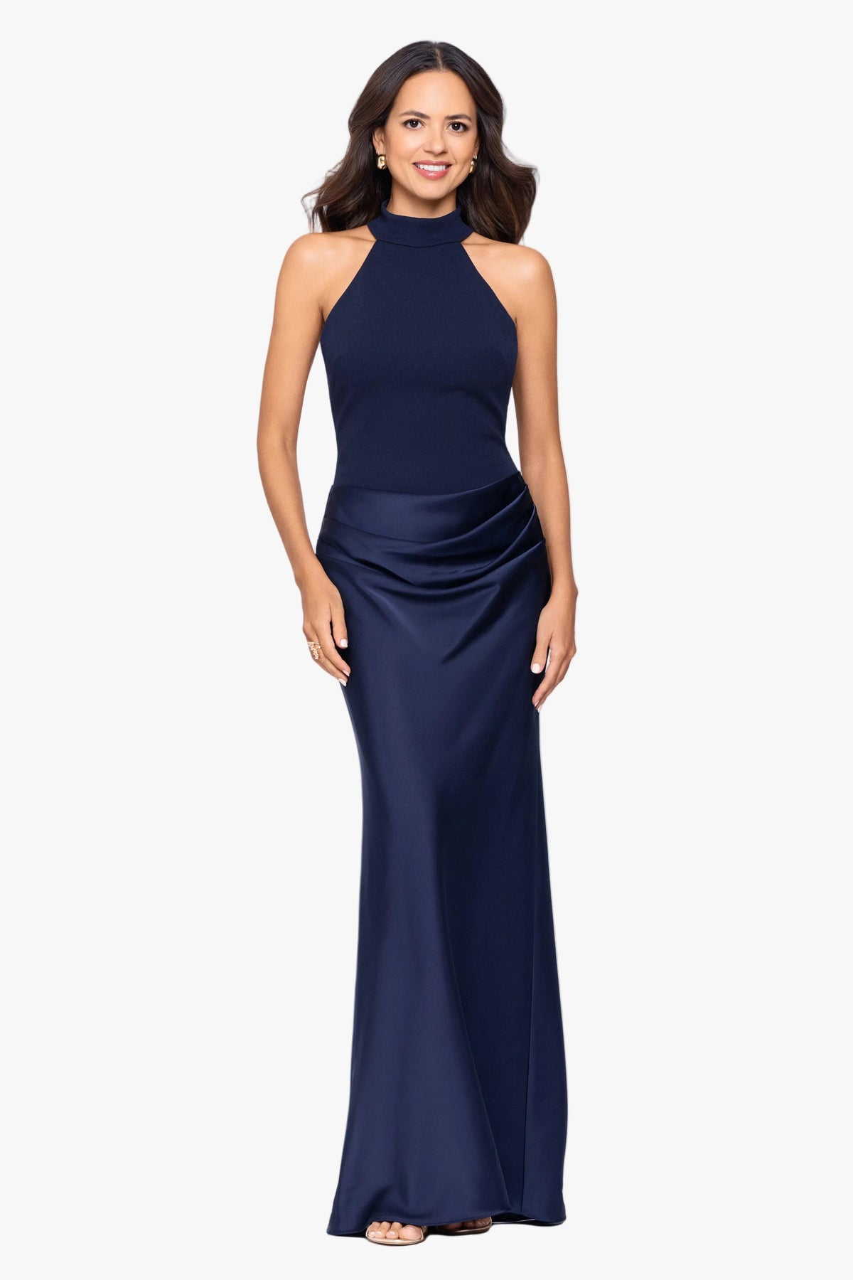 Betsy & Adam "Jamie" Double Face Satin Mock Neck Dress - Navy