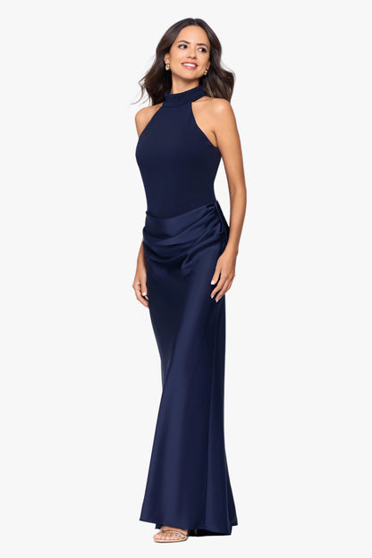 Betsy & Adam "Jamie" Double Face Satin Mock Neck Dress - Navy