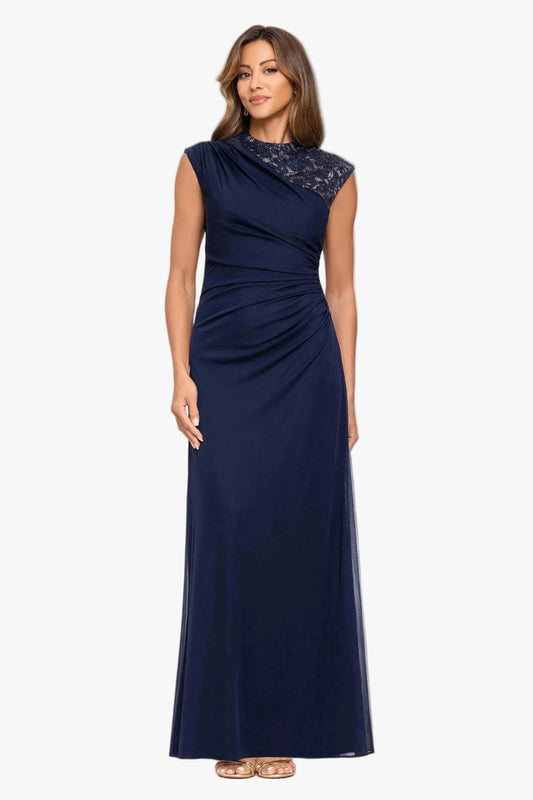 Betsy & Adam “Dayna” Sheer Matte Jersey Knit Lace Neck Ruched Dress - Navy/Nude