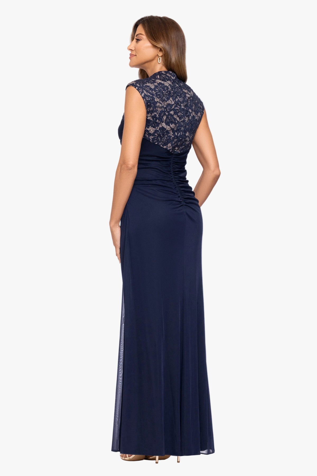 Betsy & Adam “Dayna” Sheer Matte Jersey Knit Lace Neck Ruched Dress - Navy/Nude