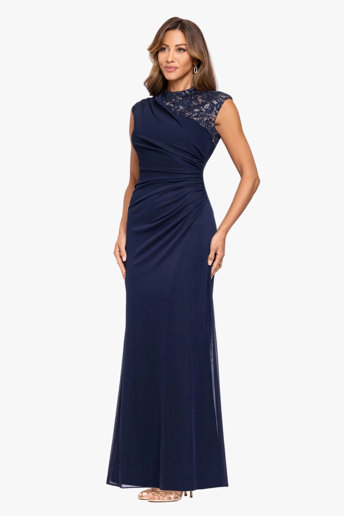 Betsy & Adam “Dayna” Sheer Matte Jersey Knit Lace Neck Ruched Dress - Navy/Nude