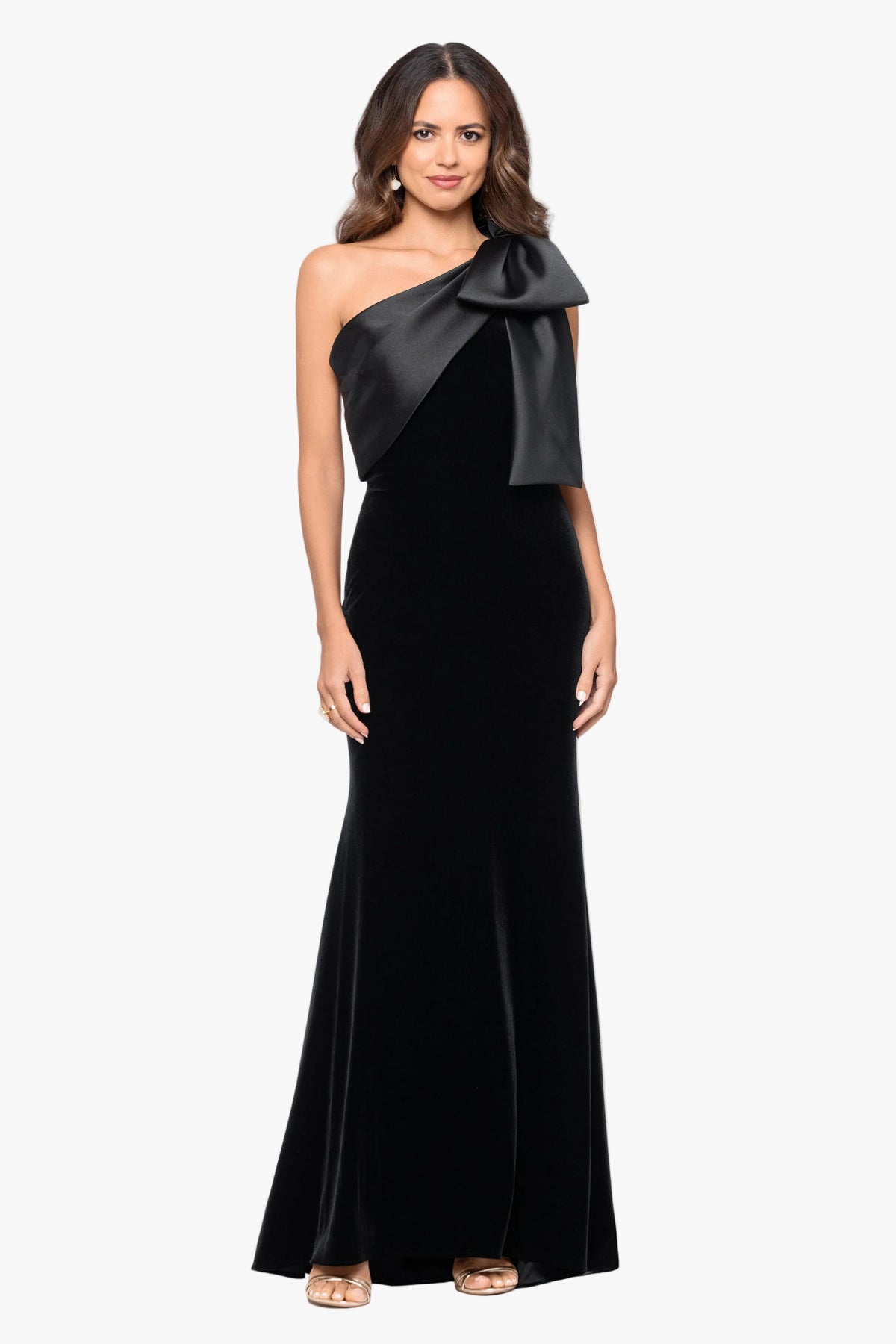 Betsy & Adam "Elena" Velvet One Shoulder & Mikado Bow Dress - Black