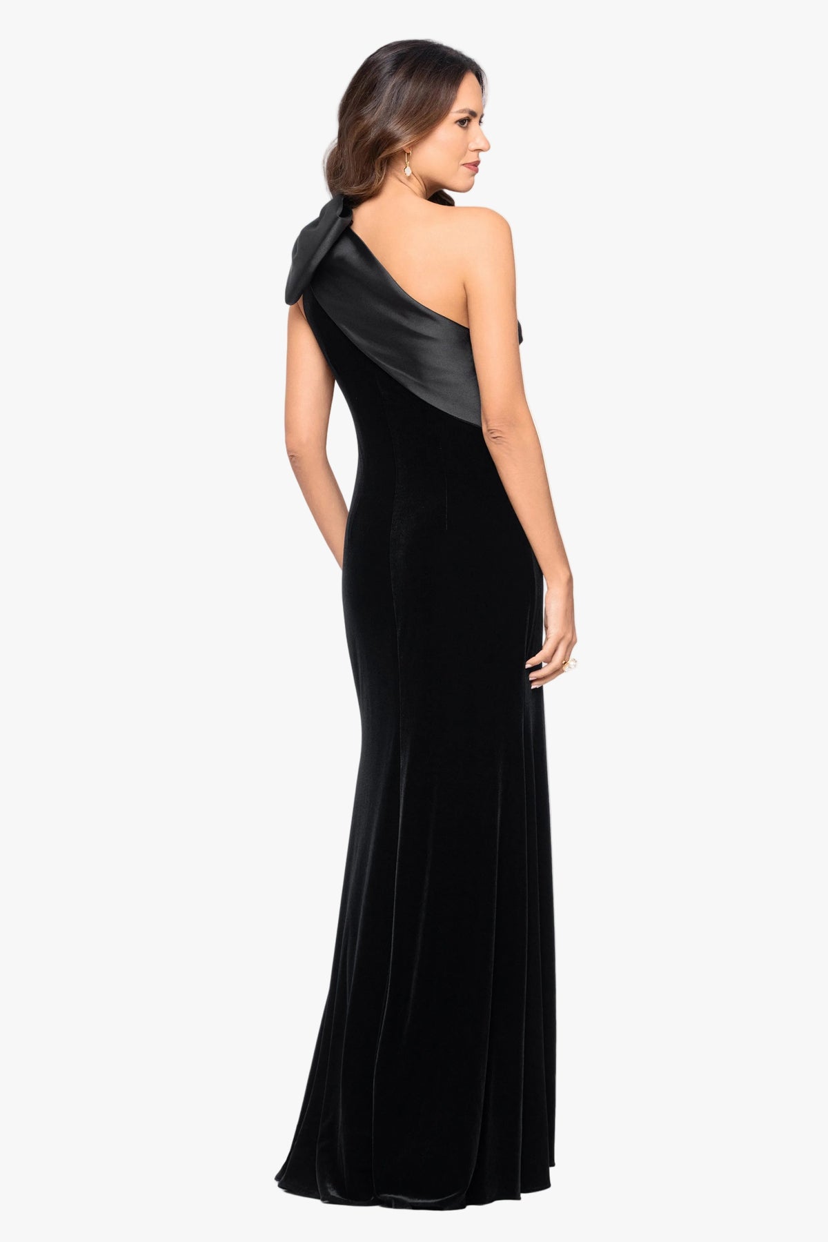 Betsy & Adam "Elena" Velvet One Shoulder & Mikado Bow Dress - Black