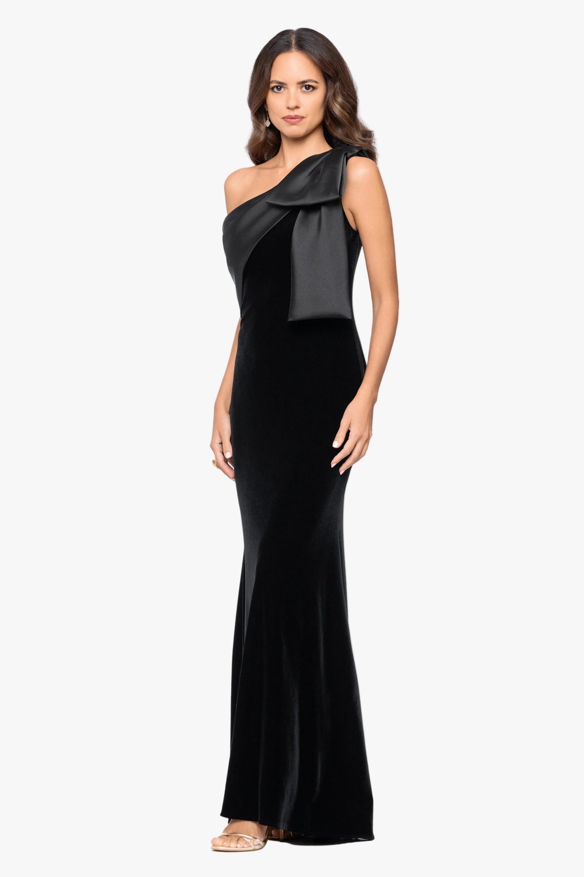 Betsy & Adam "Elena" Velvet One Shoulder & Mikado Bow Dress - Black