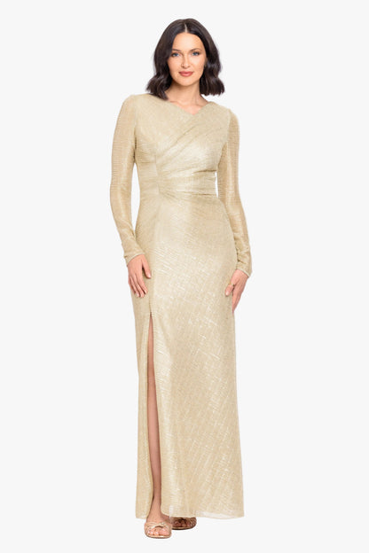 Betsy & Adam "Bondi" Metallic Crinkle Long Sleeve Asymmetrical Neckline Dress - Gold