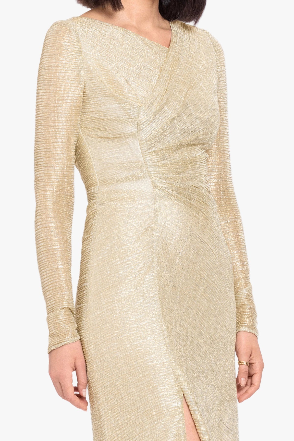 Betsy & Adam "Bondi" Metallic Crinkle Long Sleeve Asymmetrical Neckline Dress - Gold