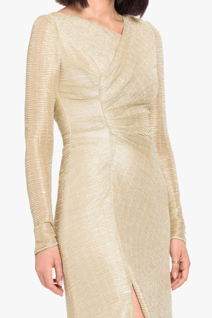 Betsy & Adam "Bondi" Metallic Crinkle Long Sleeve Asymmetrical Neckline Dress - Gold
