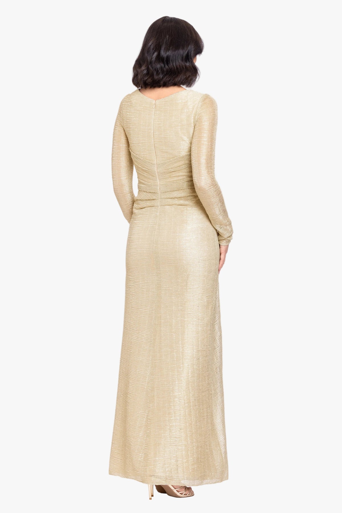 Betsy & Adam "Bondi" Metallic Crinkle Long Sleeve Asymmetrical Neckline Dress - Gold