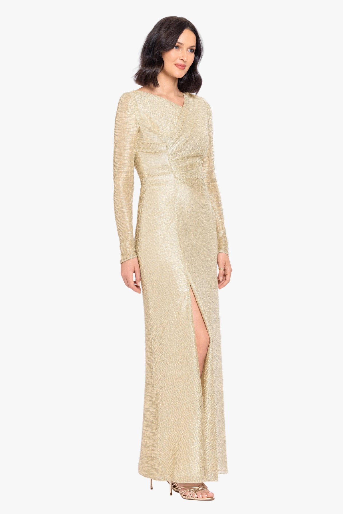 Betsy & Adam "Bondi" Metallic Crinkle Long Sleeve Asymmetrical Neckline Dress - Gold