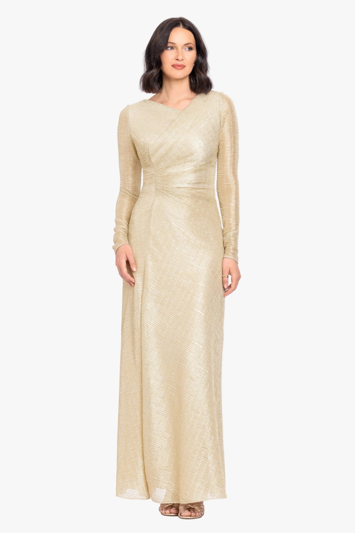 Betsy & Adam "Bondi" Metallic Crinkle Long Sleeve Asymmetrical Neckline Dress - Gold