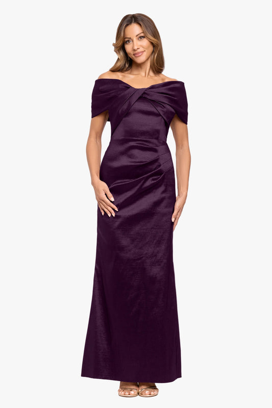 Betsy & Adam "Gia" Taffeta Twist Off the Shoulder Dress - Plum