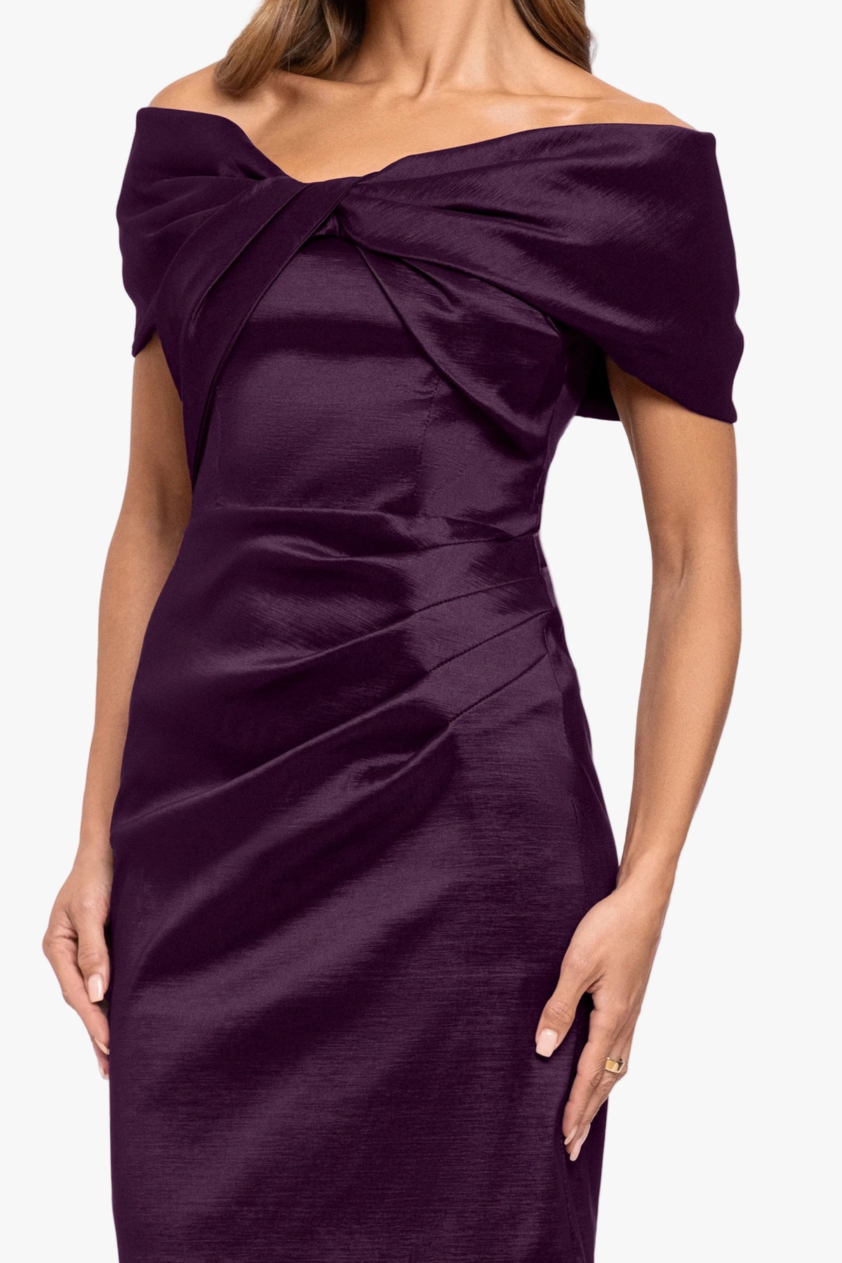 Betsy & Adam "Gia" Taffeta Twist Off the Shoulder Dress - Plum