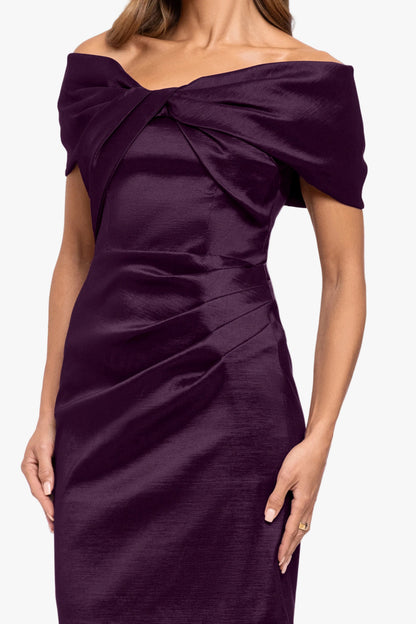 Betsy & Adam "Gia" Taffeta Twist Off the Shoulder Dress - Plum