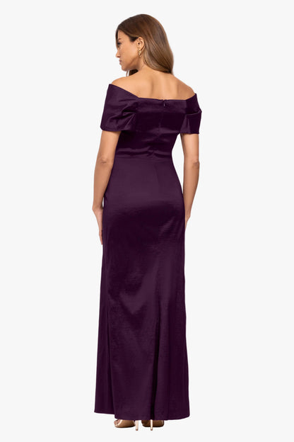 Betsy & Adam "Gia" Taffeta Twist Off the Shoulder Dress - Plum
