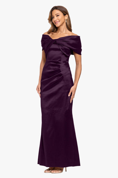 Betsy & Adam "Gia" Taffeta Twist Off the Shoulder Dress - Plum