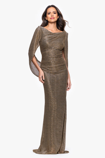 Betsy & Adam Petite "Kaia" Metallic Boat Neck Drape Sleeve Dress - Mocha/Gold