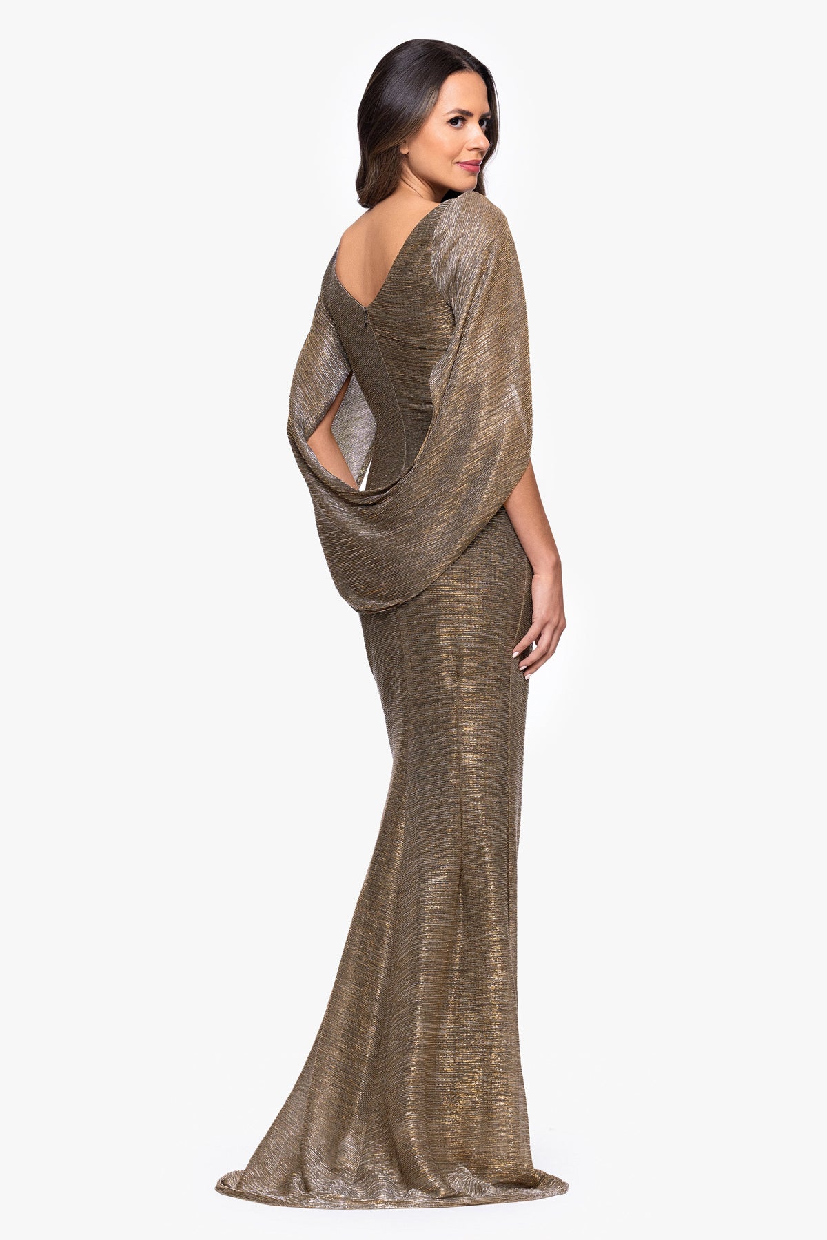 Betsy & Adam Petite "Kaia" Metallic Boat Neck Drape Sleeve Dress - Mocha/Gold