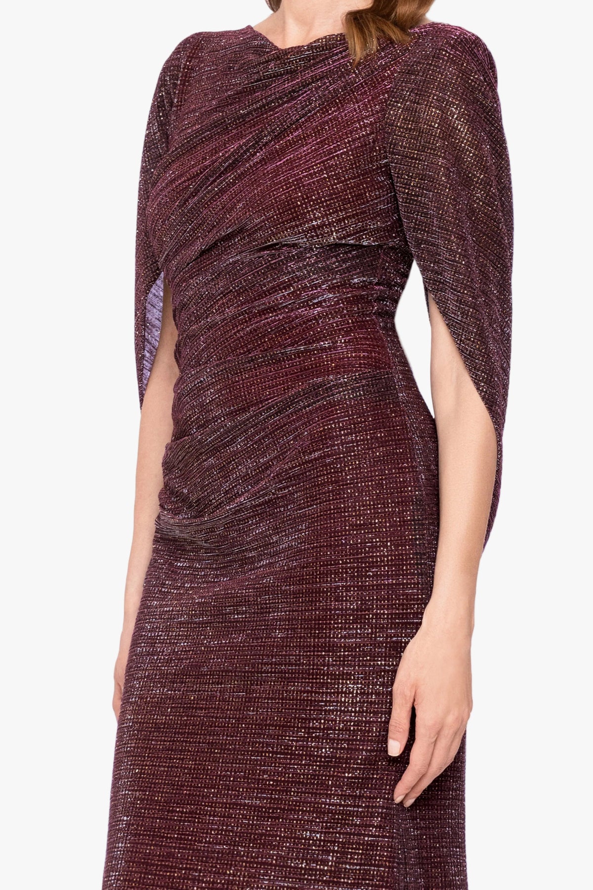 Betsy & Adam "Marisol" Crinkle Droop Back Dress - Wine/Gold