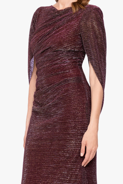 Betsy & Adam "Marisol" Crinkle Droop Back Dress - Wine/Gold