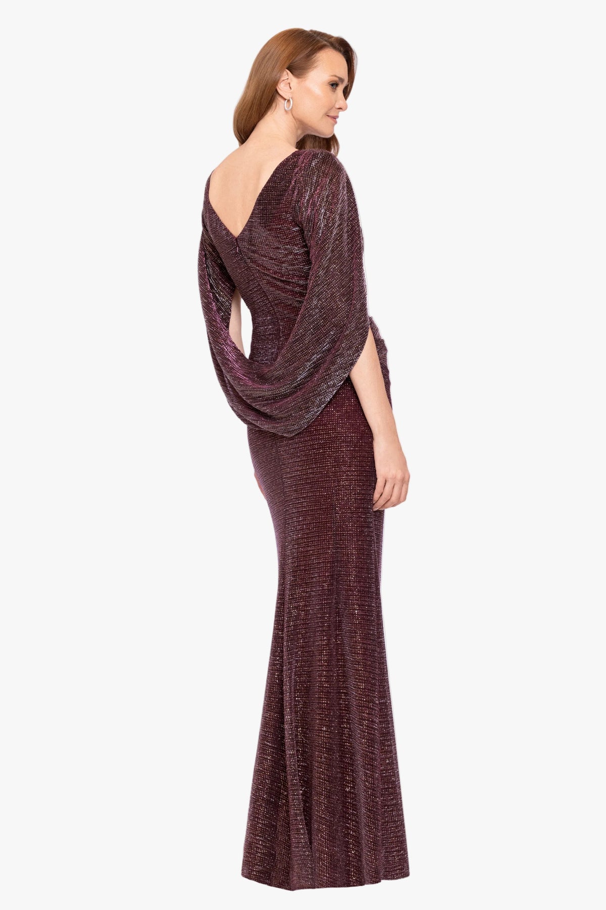 Betsy & Adam "Marisol" Crinkle Droop Back Dress - Wine/Gold