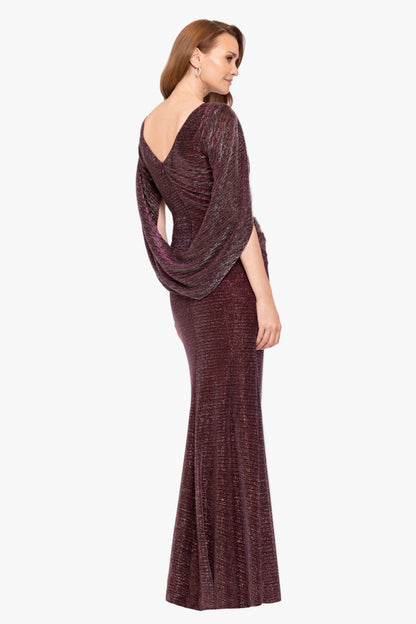 Betsy & Adam "Marisol" Crinkle Droop Back Dress - Wine/Gold