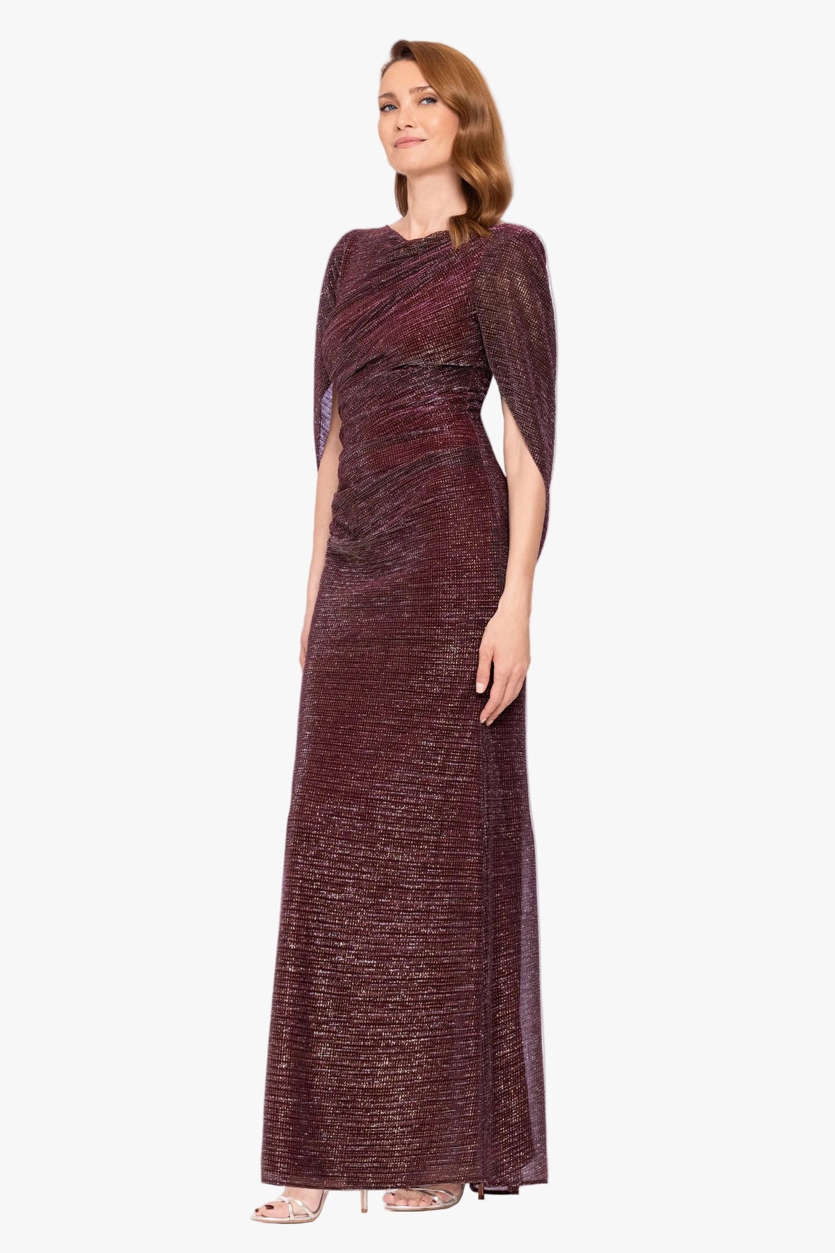 Betsy & Adam "Marisol" Crinkle Droop Back Dress - Wine/Gold