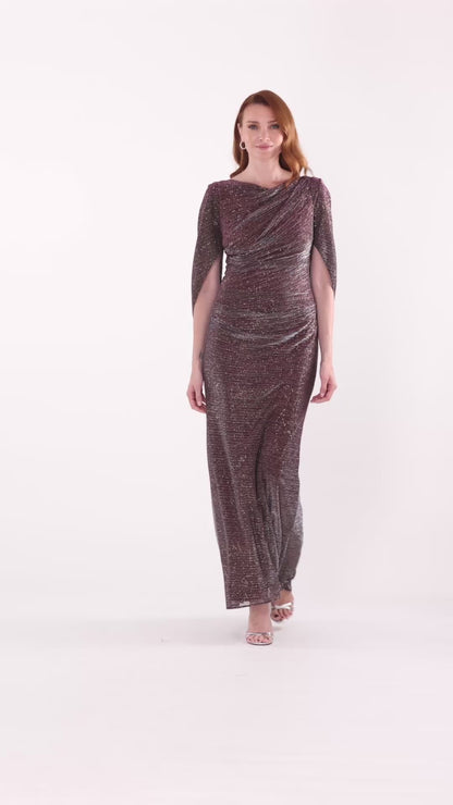 Betsy & Adam "Marisol" Crinkle Droop Back Dress - Wine/Gold