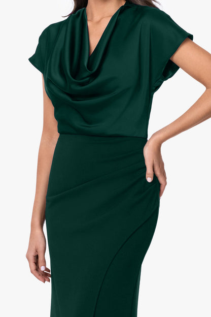 Betsy & Adam "Rinna" Scuba Crepe & Satin Cowl Neck Dress - Hunter