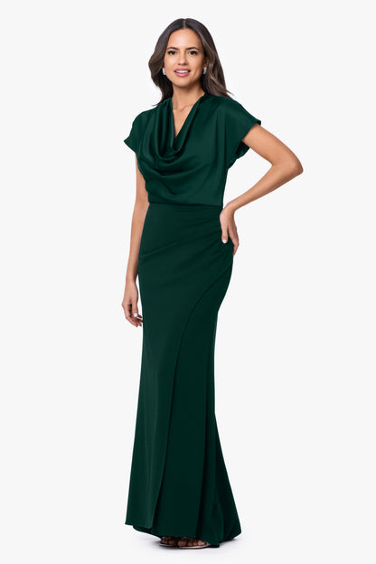 Betsy & Adam "Rinna" Scuba Crepe & Satin Cowl Neck Dress - Hunter