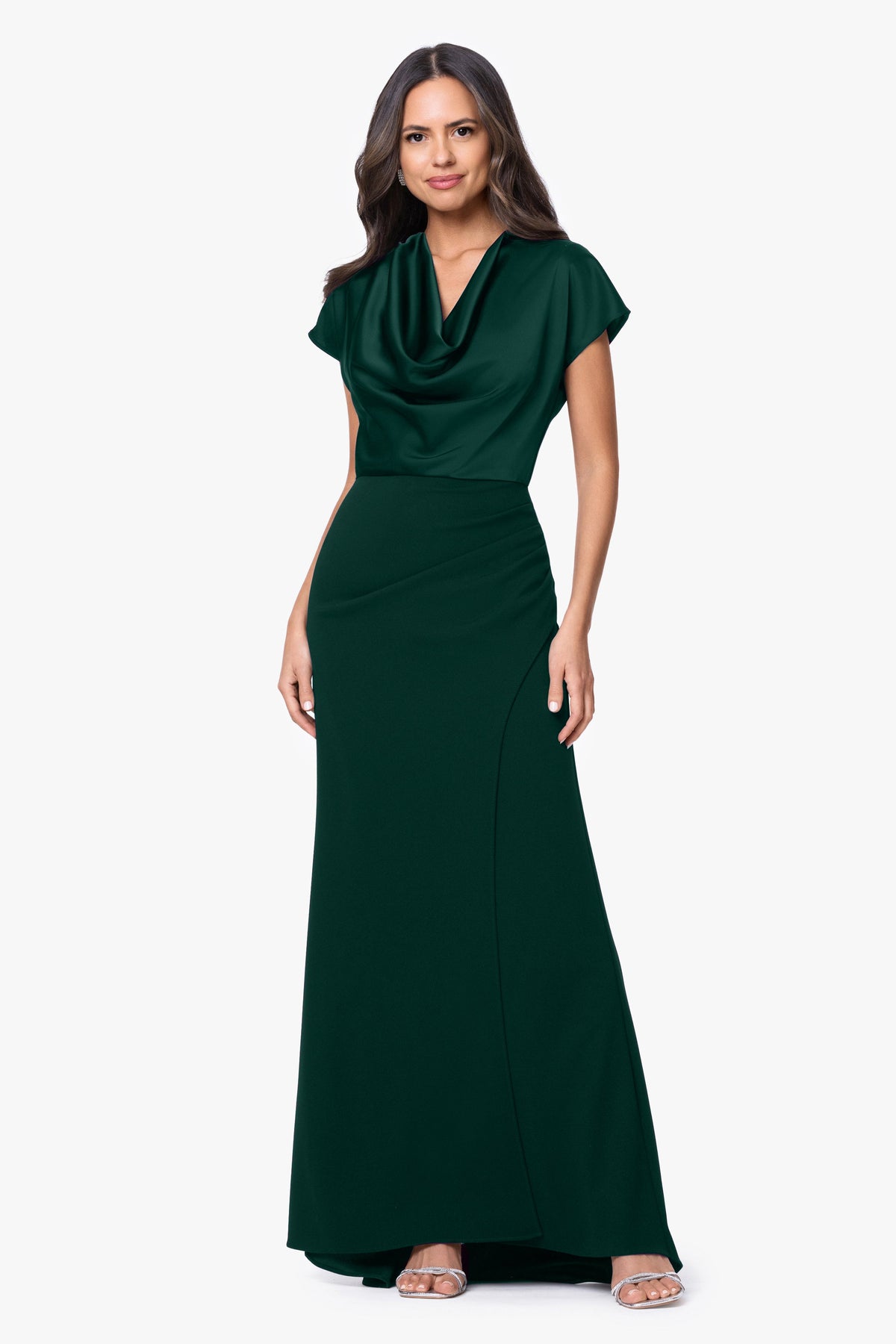 Betsy & Adam "Rinna" Scuba Crepe & Satin Cowl Neck Dress - Hunter