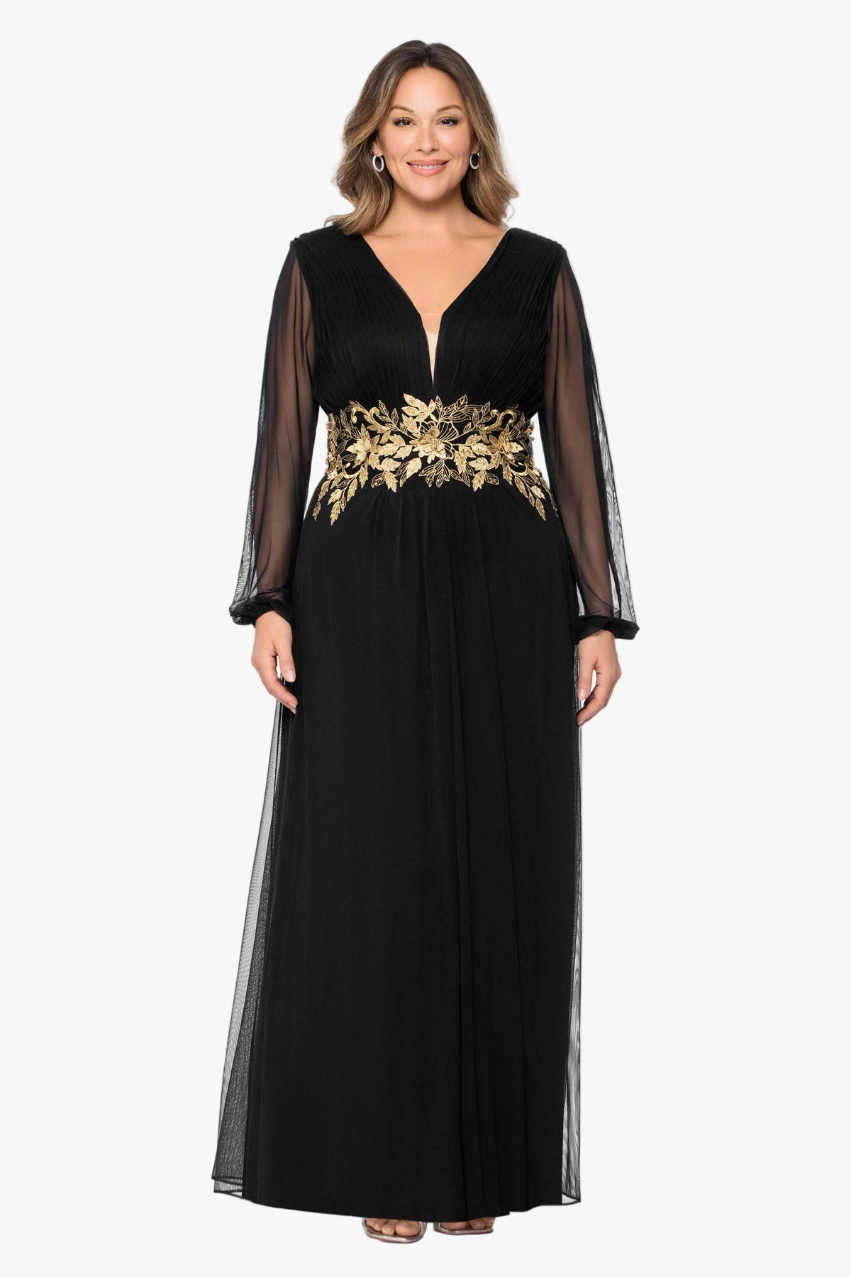 Betsy & Adam Plus "Rebecca" Mesh Long Sleeve Dress - Black/Gold