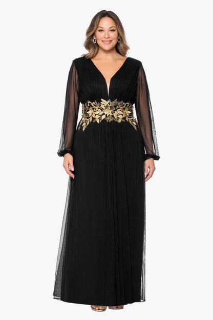Betsy & Adam Plus "Rebecca" Mesh Long Sleeve Dress - Black/Gold