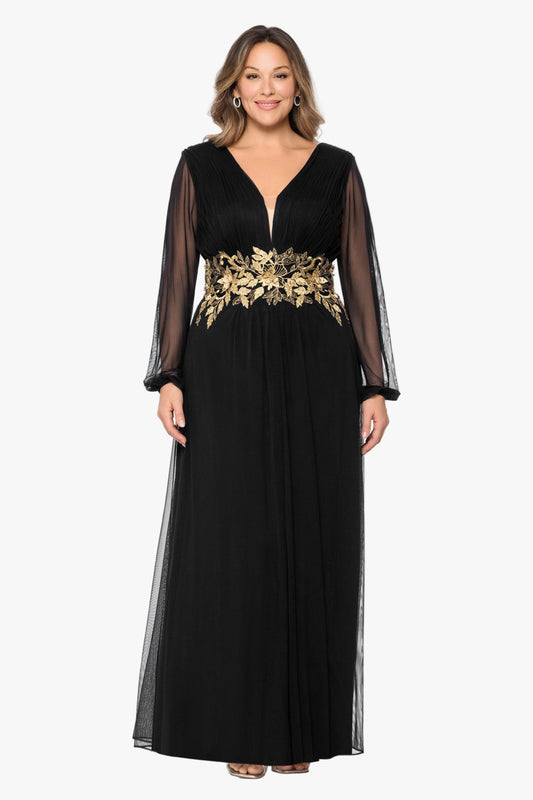 Betsy & Adam Plus "Rebecca" Mesh Long Sleeve Dress - Black/Gold