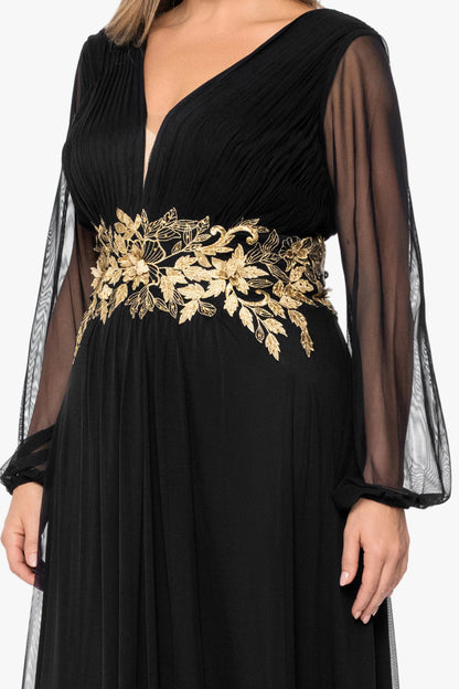 Betsy & Adam Plus "Rebecca" Mesh Long Sleeve Dress - Black/Gold