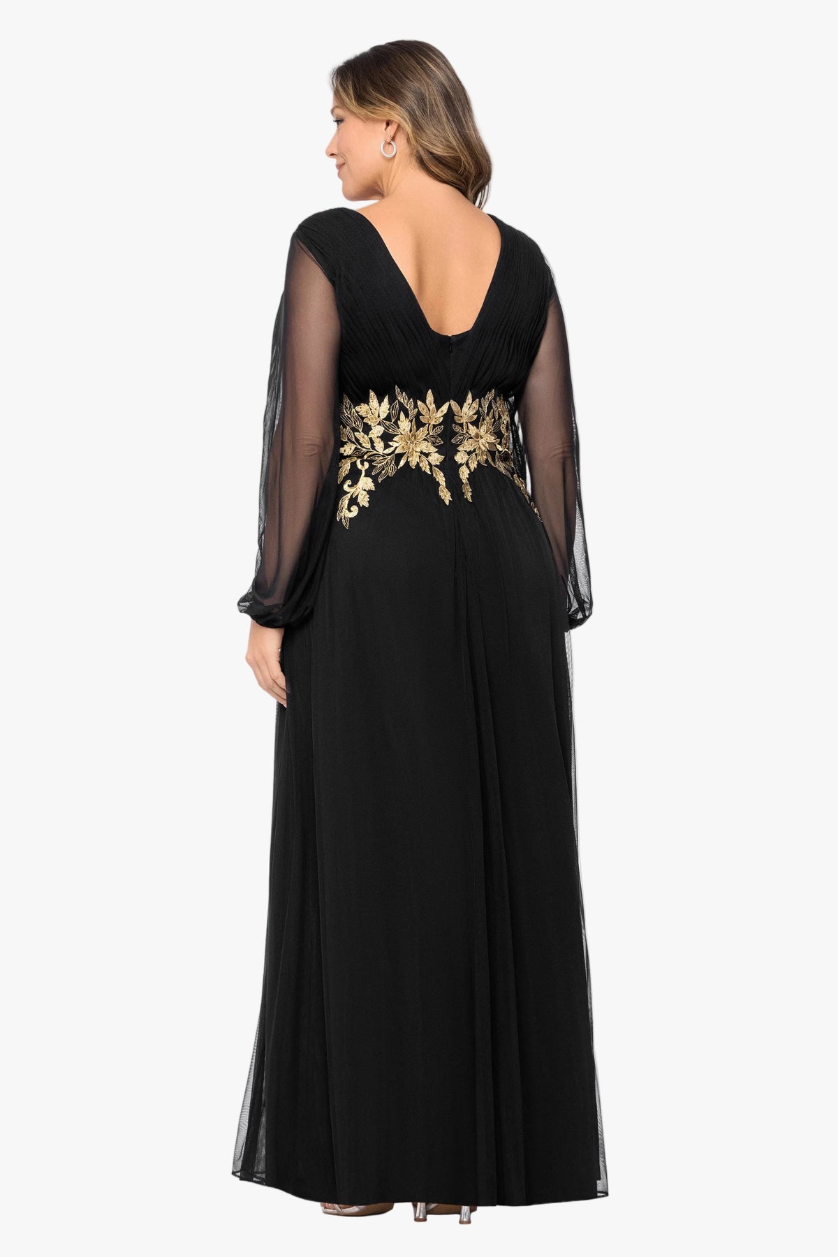 Betsy & Adam Plus "Rebecca" Mesh Long Sleeve Dress - Black/Gold