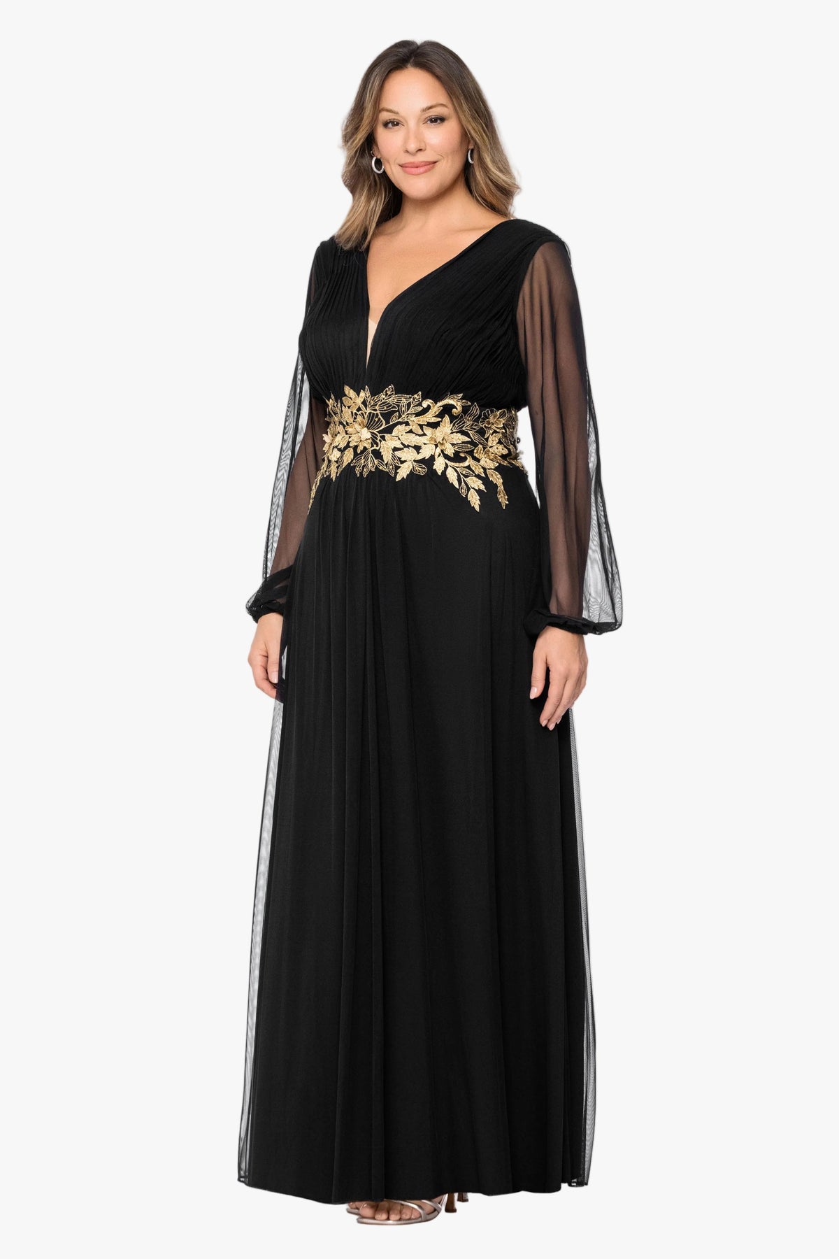 Betsy & Adam Plus "Rebecca" Mesh Long Sleeve Dress - Black/Gold