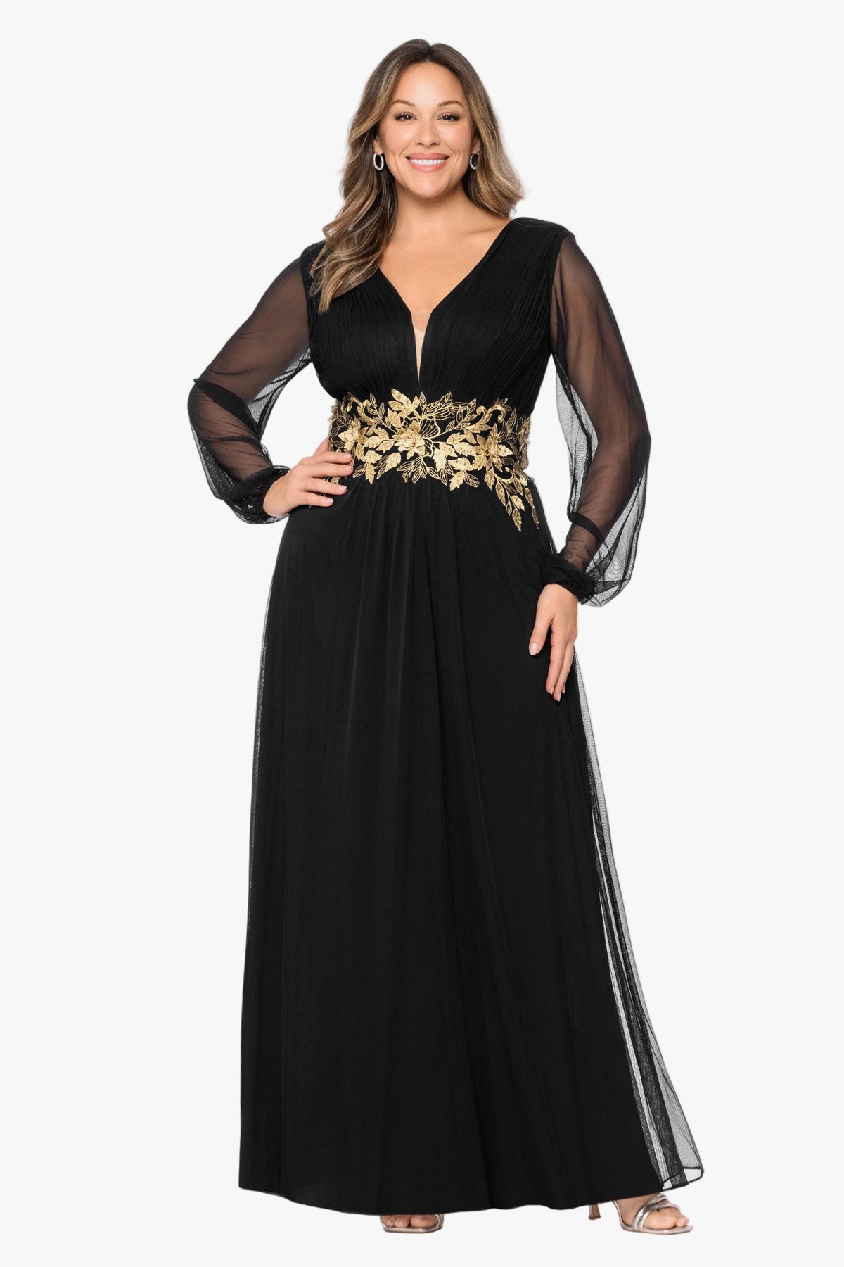 Betsy & Adam Plus "Rebecca" Mesh Long Sleeve Dress - Black/Gold