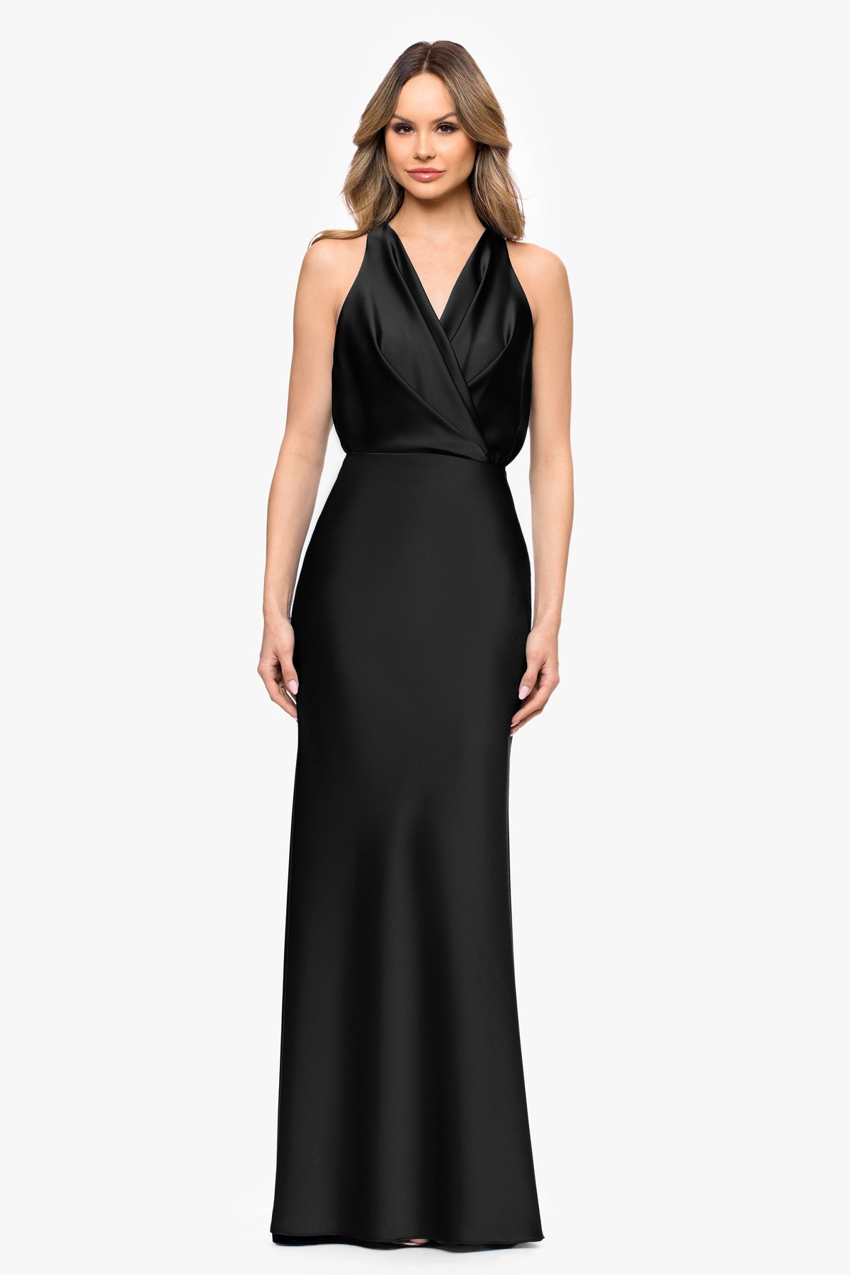 Betsy & Adam Petite "Zoella" Satin V-Neck Dress - Black
