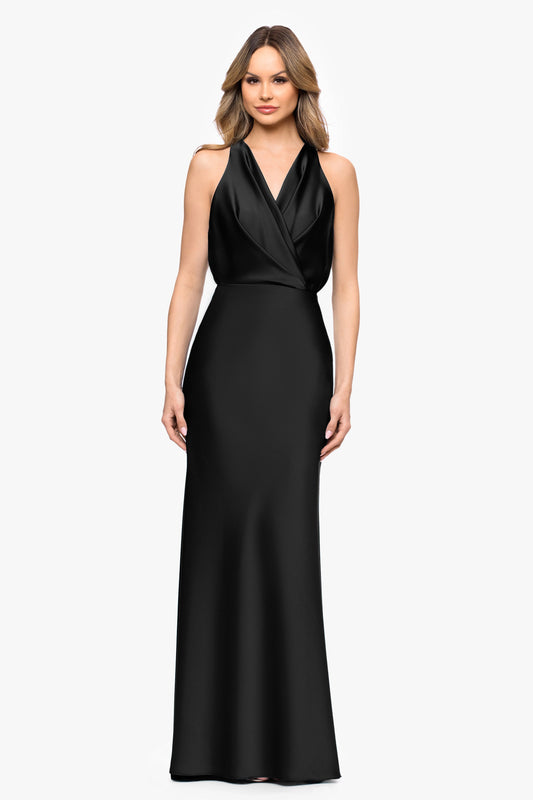 Betsy & Adam Petite "Zoella" Satin V-Neck Dress - Black