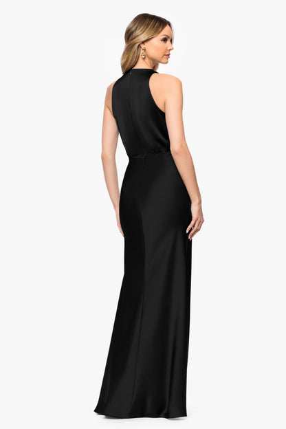Betsy & Adam Petite "Zoella" Satin V-Neck Dress - Black