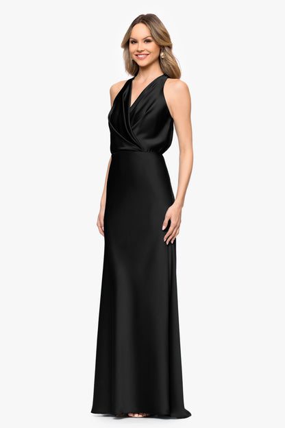 Betsy & Adam Petite "Zoella" Satin V-Neck Dress - Black