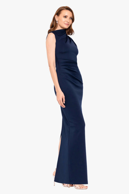 Betsy & Adam "Mitch" Techno Scuba Asymmetrical Neckline Dress - Navy