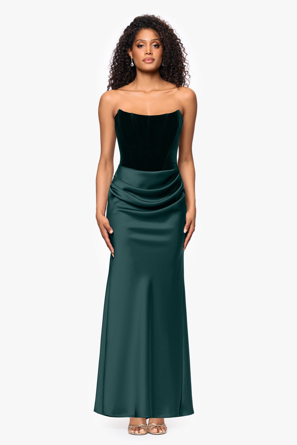 Betsy & Adam "Lynn" Velvet & Satin Strapless Gown - Hunter